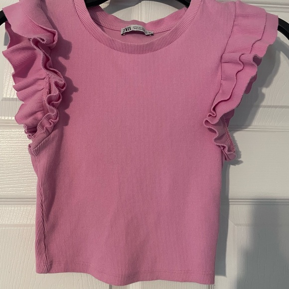 Zara Pink Ruffle-Shoulder Ribbed Tank - Picture 2 of 3